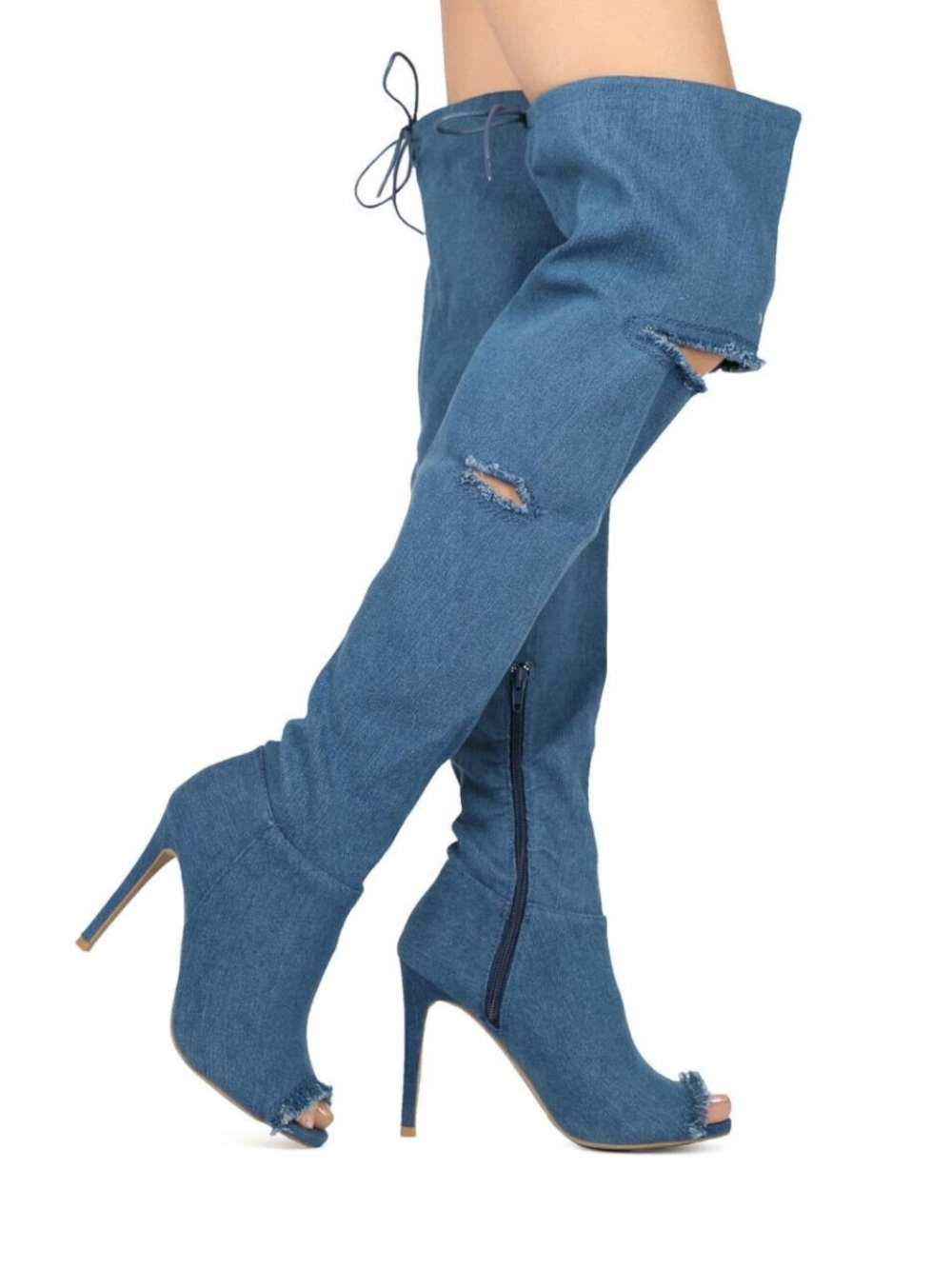 Wild Diva Distressed Denim Peep-Toe Over-the-Knee Stiletto Boots - Blue